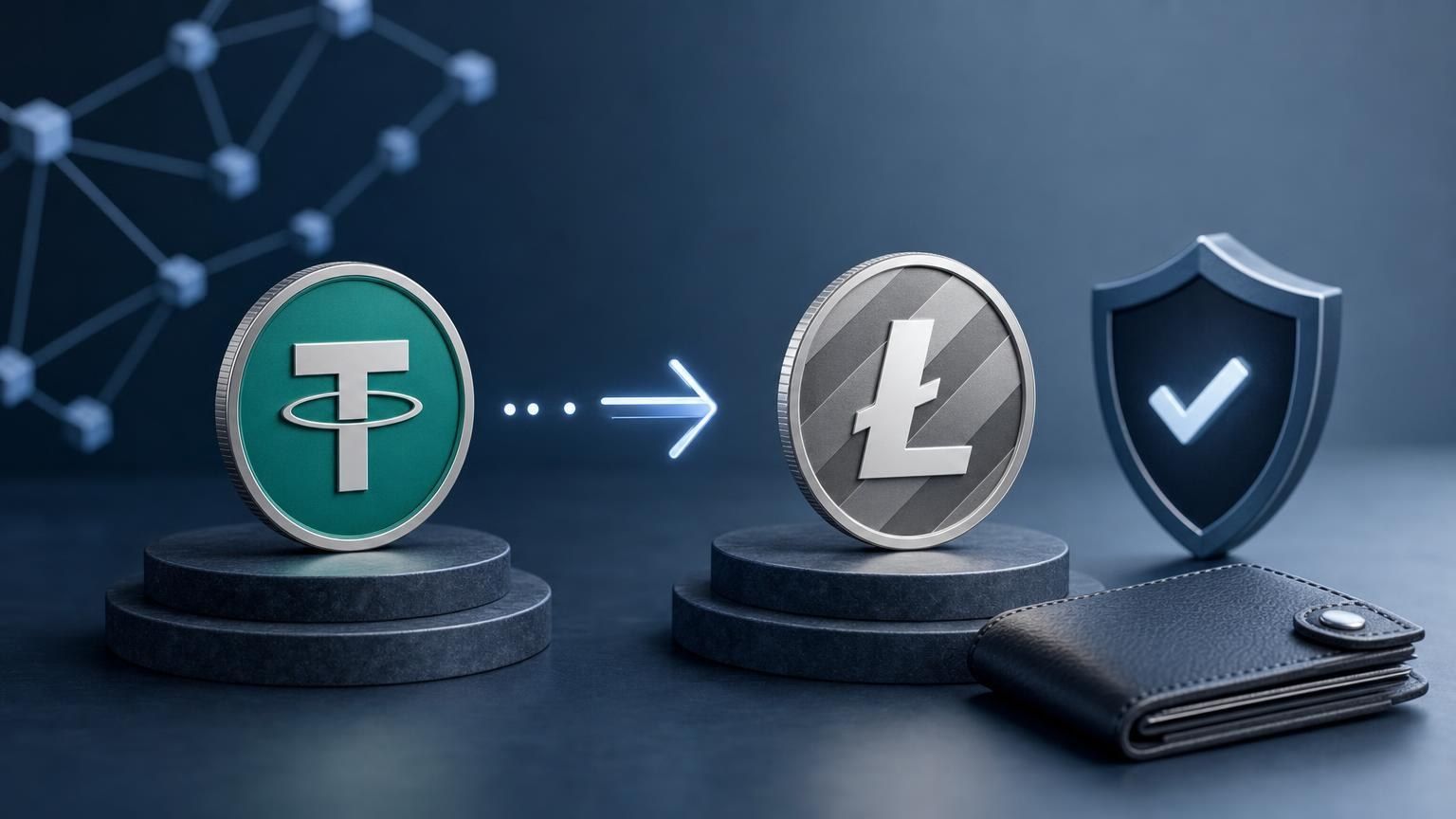 A USDT-to-Litecoin exchange screen beside a wallet showing an LTC address, network check, and transaction confirmation status